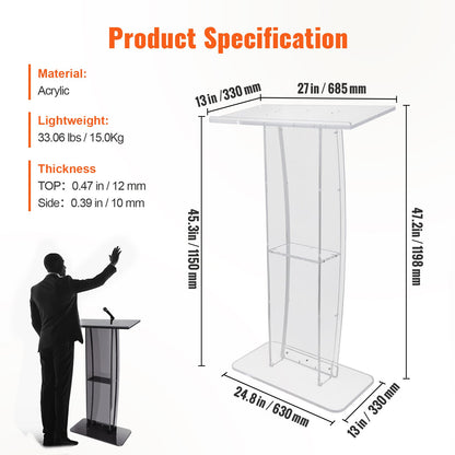 Acrylic Podium, 47" Tall, Clear Acrylic Podium Stand with Wide Reading Surface & Storage Shelf, Floor-standing Clear Pulpits Acrylic for Church Office School - Image 7