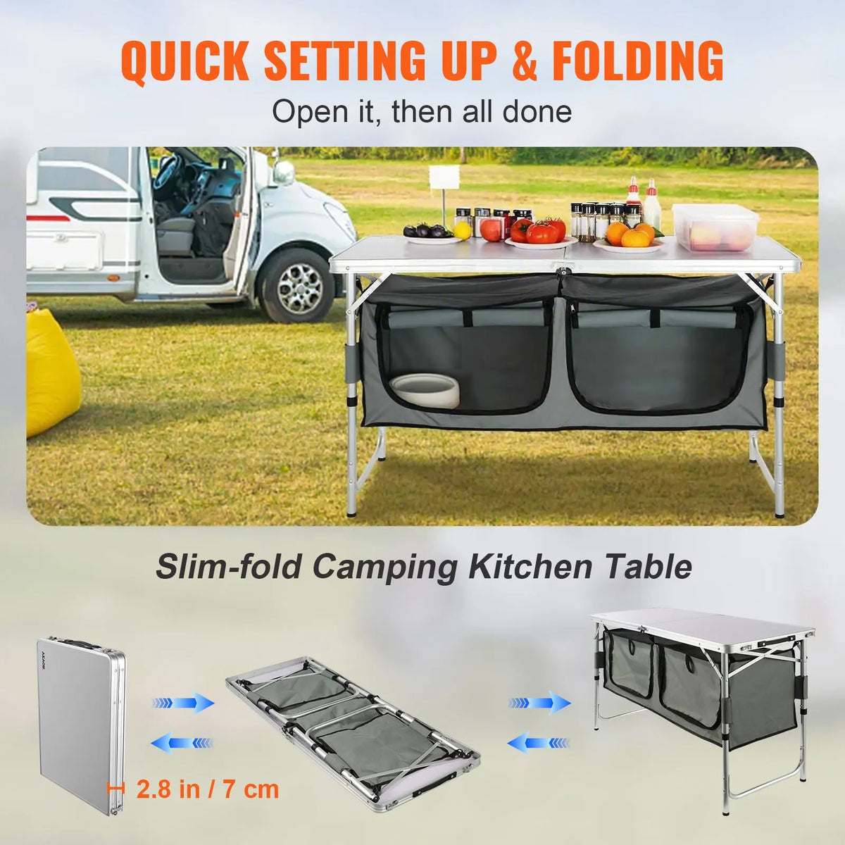 Camping Kitchen Table, Quick set-up Folding Camping Table with A Carrying Bag, 3 Adjustable Heights, MDF Camping Table, Ideal for Outdoor Picnics, BBQs, Camping, RV Traveling - Image 3