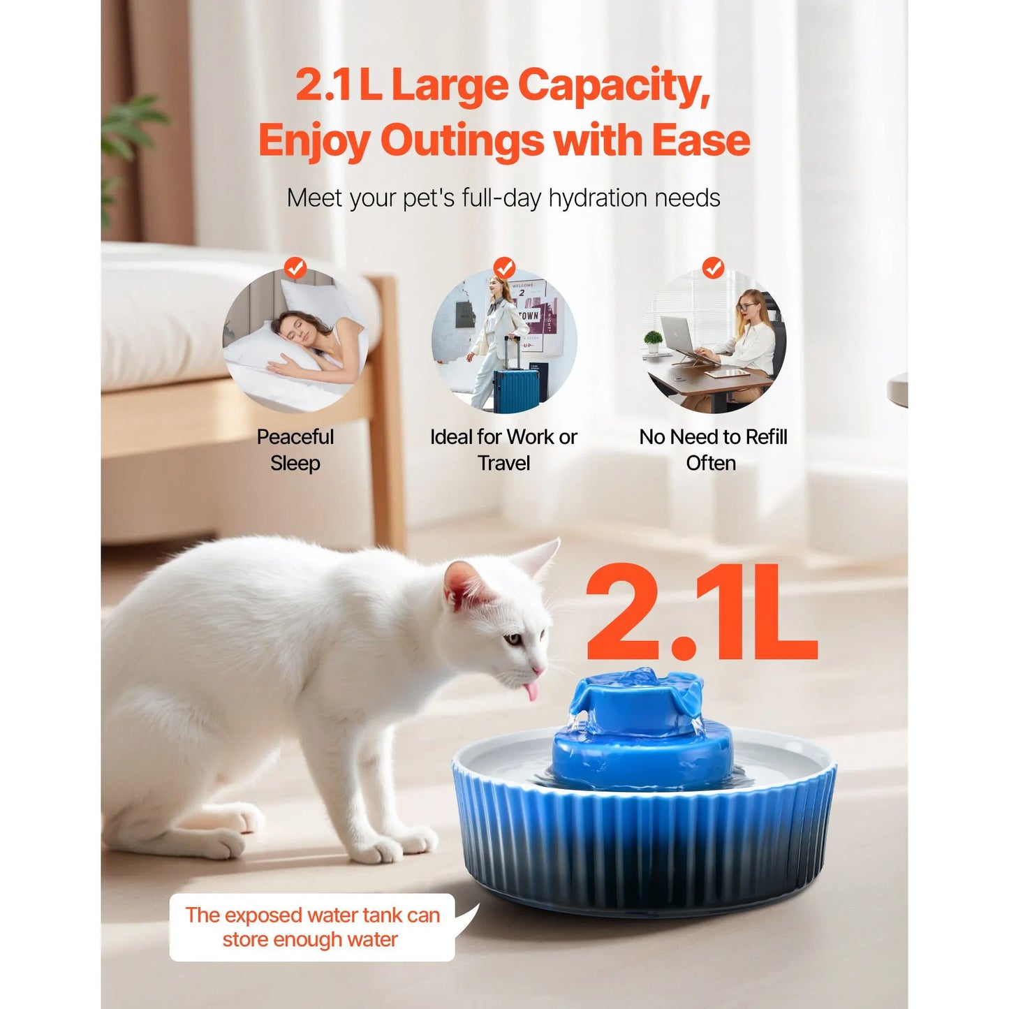 Ceramic Cat Water Fountain, 2.1 L Cupcake Pet Fountain, Porcelain Cat Water Dispenser with Ultra-Quiet Pump, 360° Drinking Area and Multi-Layer Filtration System, for Cats & Dogs Drinking(Blue) - Image 2
