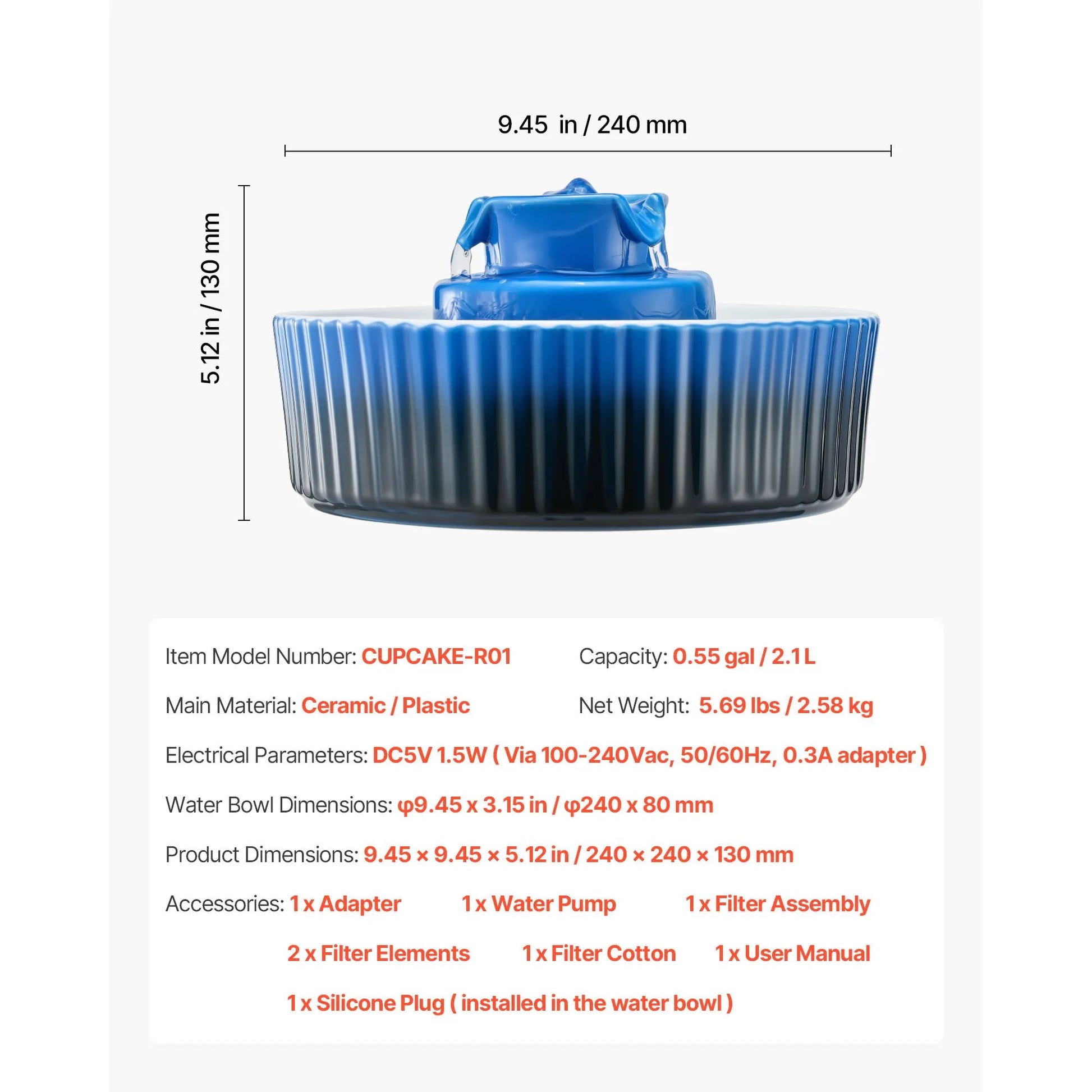 Ceramic Cat Water Fountain, 2.1 L Cupcake Pet Fountain, Porcelain Cat Water Dispenser with Ultra-Quiet Pump, 360° Drinking Area and Multi-Layer Filtration System, for Cats & Dogs Drinking(Blue) - Image 7