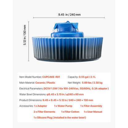 Ceramic Cat Water Fountain, 2.1 L Cupcake Pet Fountain, Porcelain Cat Water Dispenser with Ultra-Quiet Pump, 360° Drinking Area and Multi-Layer Filtration System, for Cats & Dogs Drinking(Blue) - Image 7
