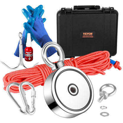 Magnet Fishing Kit, 1200lbs Pulling Force Double Sided Fishing Magnets, 2.95inch Diameter Magnet with Rope, Grappling Hook, Gloves, Waterproof Case, Threadlocker, Eye Bolt, for Fishing