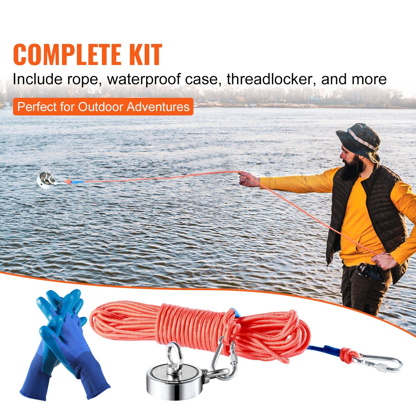 Magnet Fishing Kit, 1200lbs Pulling Force Double Sided Fishing Magnets, 2.95inch Diameter Magnet with Rope, Grappling Hook, Gloves, Waterproof Case, Threadlocker, Eye Bolt, for Fishing - Image 3