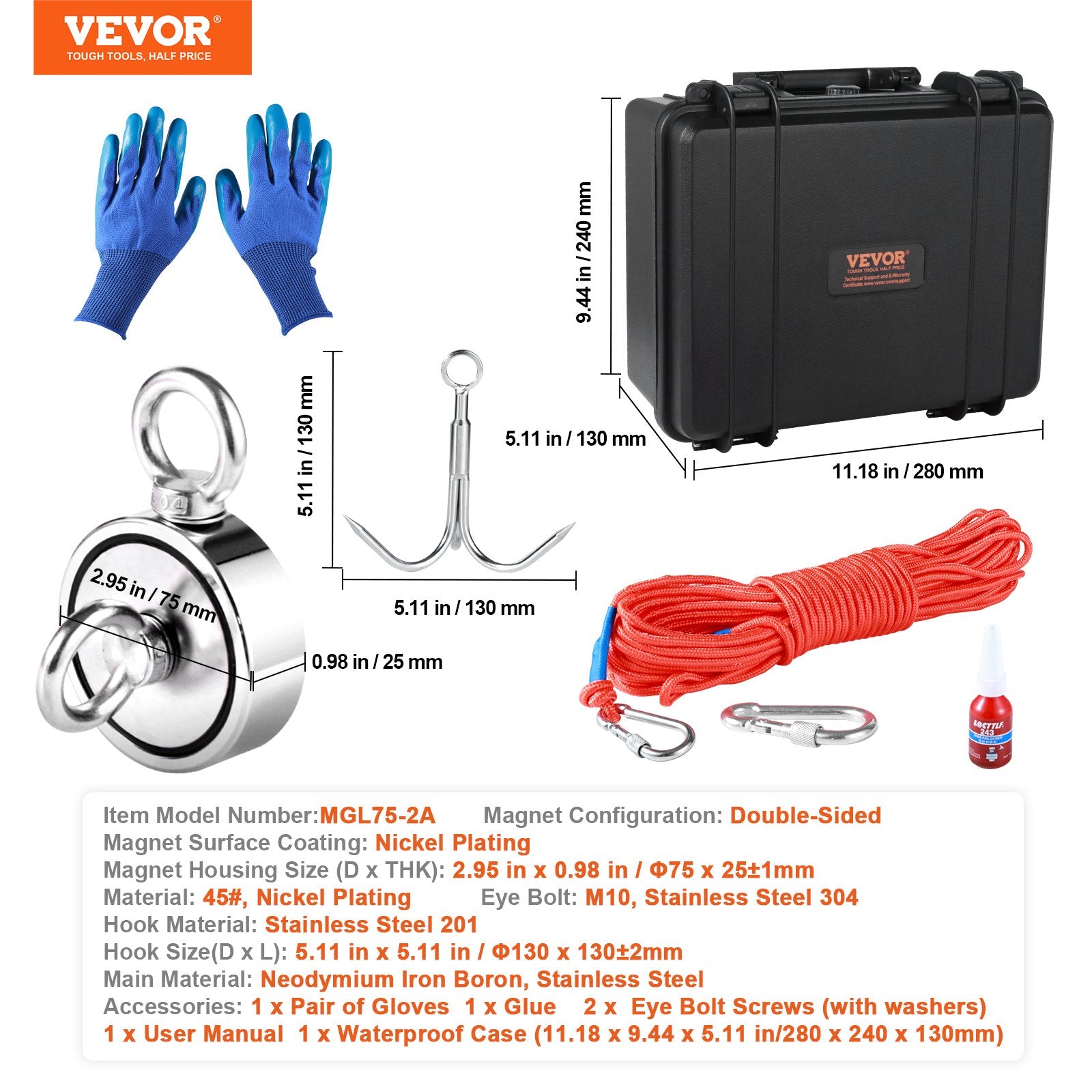 Magnet Fishing Kit, 1200lbs Pulling Force Double Sided Fishing Magnets, 2.95inch Diameter Magnet with Rope, Grappling Hook, Gloves, Waterproof Case, Threadlocker, Eye Bolt, for Fishing - Image 7