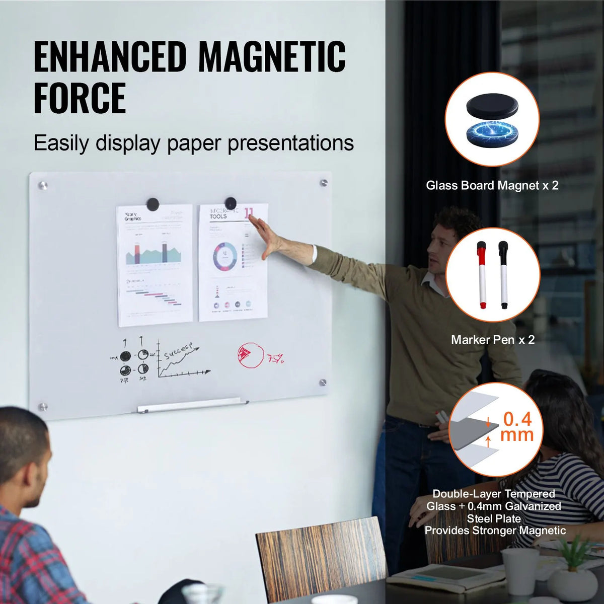 Magnetic Glass Whiteboard, Dry Erase Board 36"x24", Wall-Mounted Large White Glassboard Frameless, with Marker Tray, an Eraser and 2 Markers, White - Image 3