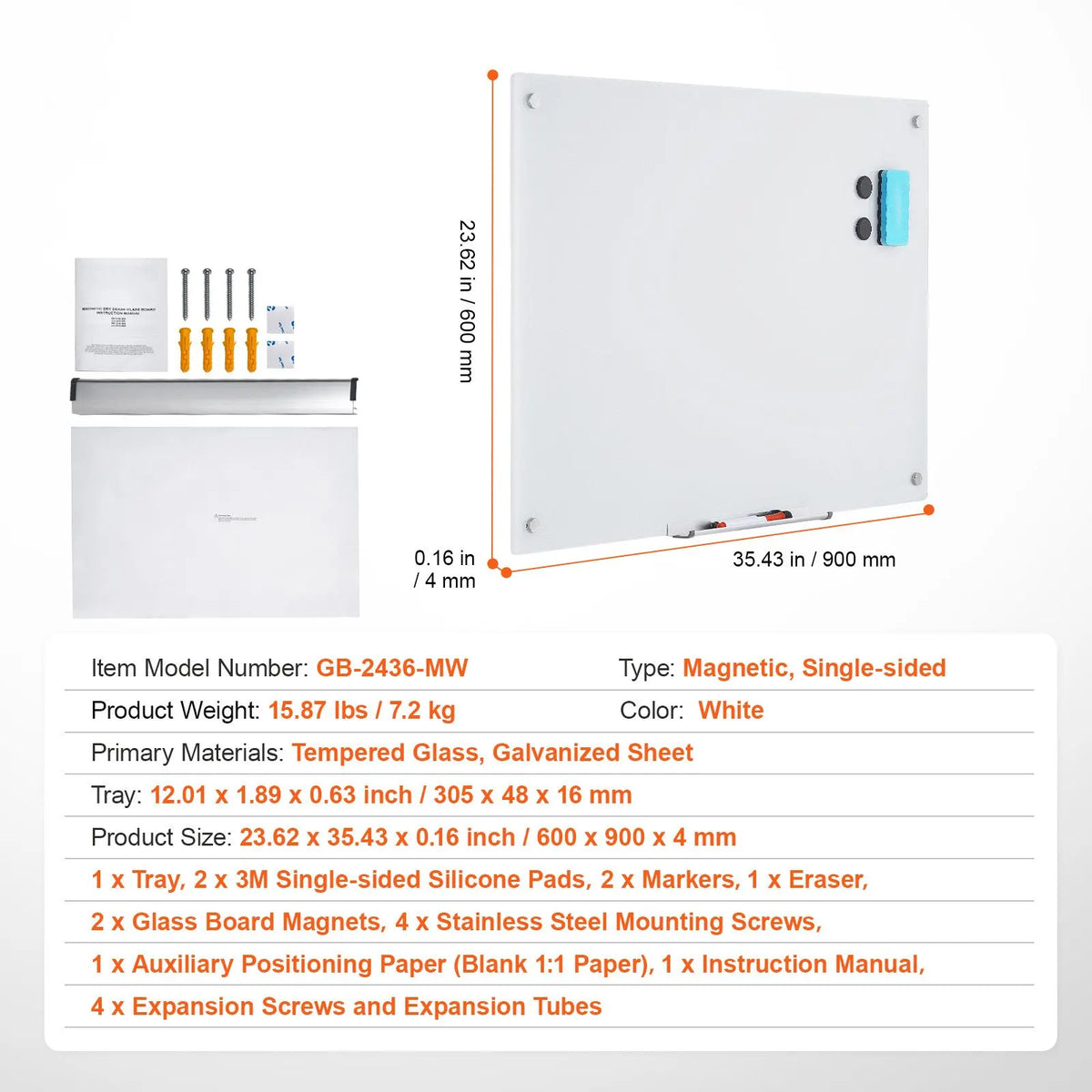 Magnetic Glass Whiteboard, Dry Erase Board 36"x24", Wall-Mounted Large White Glassboard Frameless, with Marker Tray, an Eraser and 2 Markers, White - Image 7
