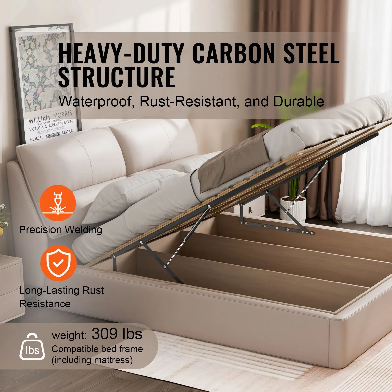 Bed Lift, 1500x2000mm Compatible Extra-large Size 140kg Load Bearing, DIY Wall Bed Mechanical Hardware Kit Vertical Deluxe, Pneumatic Lever Heavy Duty Support, Folding for Guestroom - Image 2