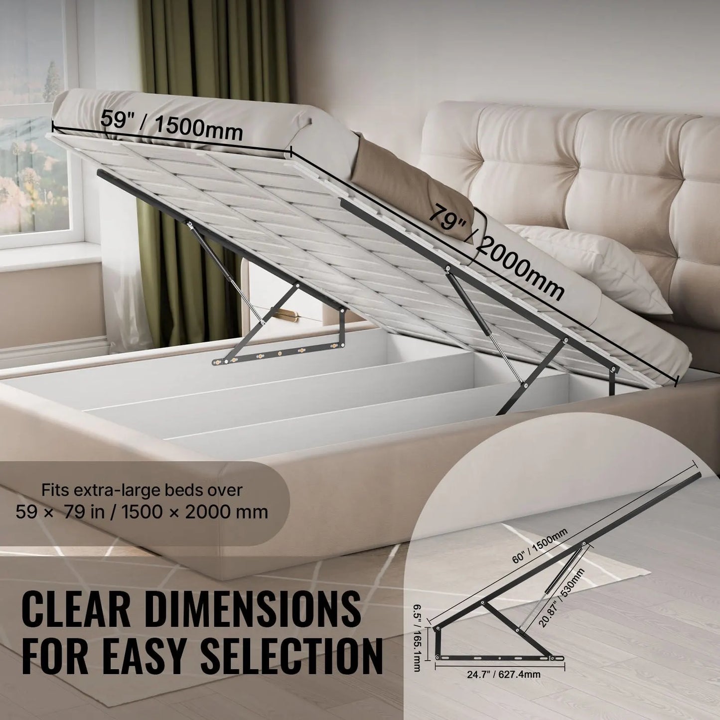 Bed Lift, 1500x2000mm Compatible Extra-large Size 140kg Load Bearing, DIY Wall Bed Mechanical Hardware Kit Vertical Deluxe, Pneumatic Lever Heavy Duty Support, Folding for Guestroom - Image 3