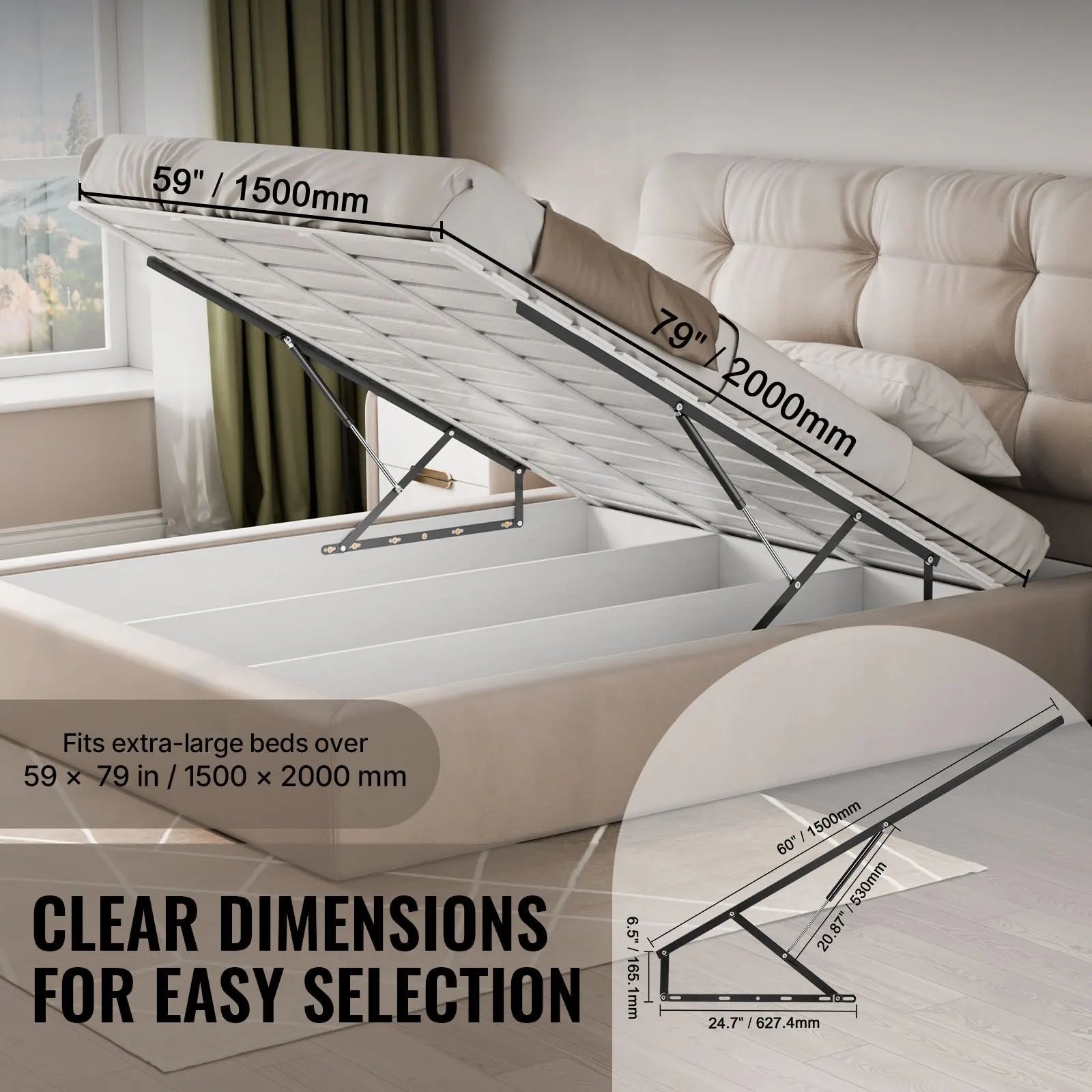Bed Lift, 1500x2000mm Compatible Extra-large Size 140kg Load Bearing, DIY Wall Bed Mechanical Hardware Kit Vertical Deluxe, Pneumatic Lever Heavy Duty Support, Folding for Guestroom - Image 3