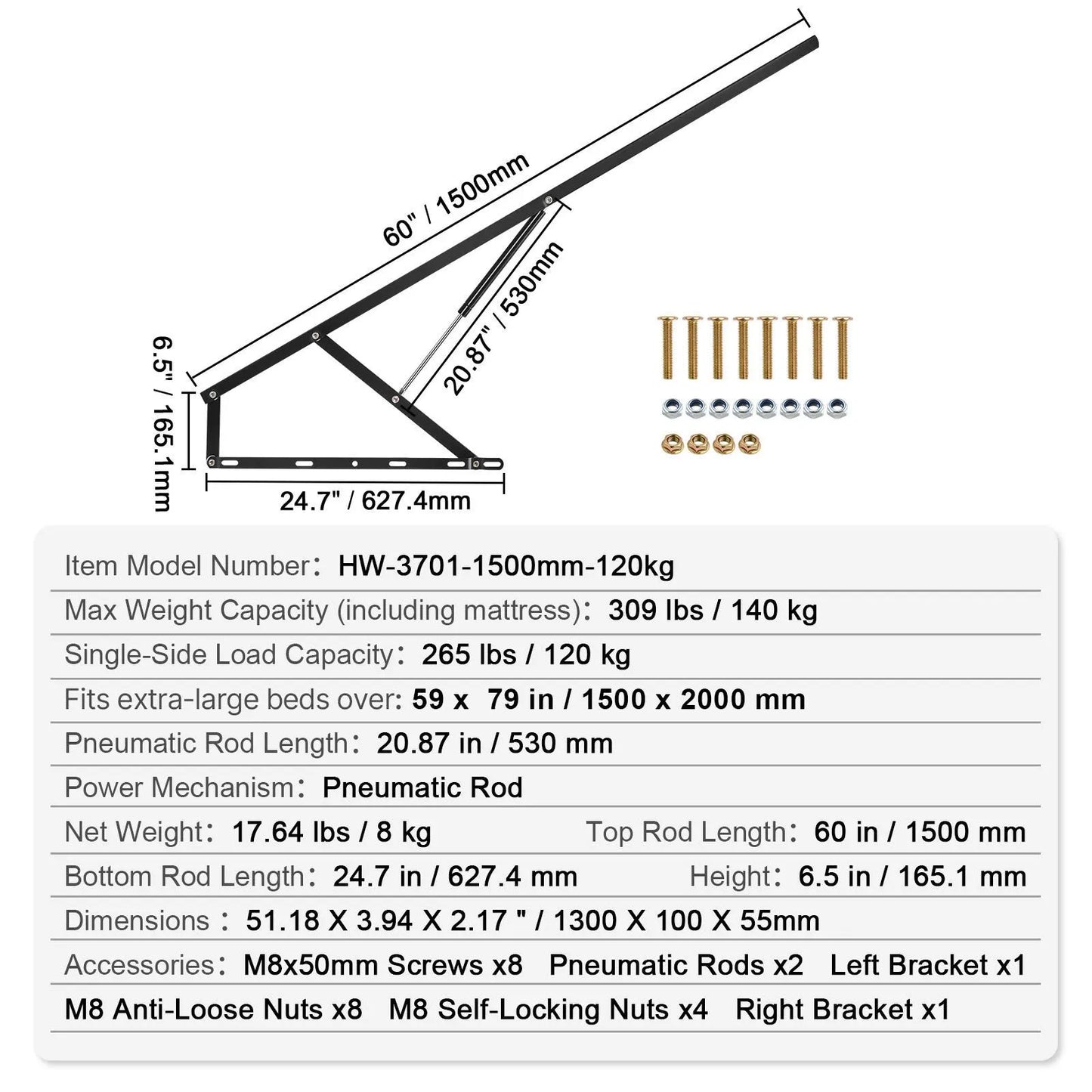 Bed Lift, 1500x2000mm Compatible Extra-large Size 140kg Load Bearing, DIY Wall Bed Mechanical Hardware Kit Vertical Deluxe, Pneumatic Lever Heavy Duty Support, Folding for Guestroom - Image 7