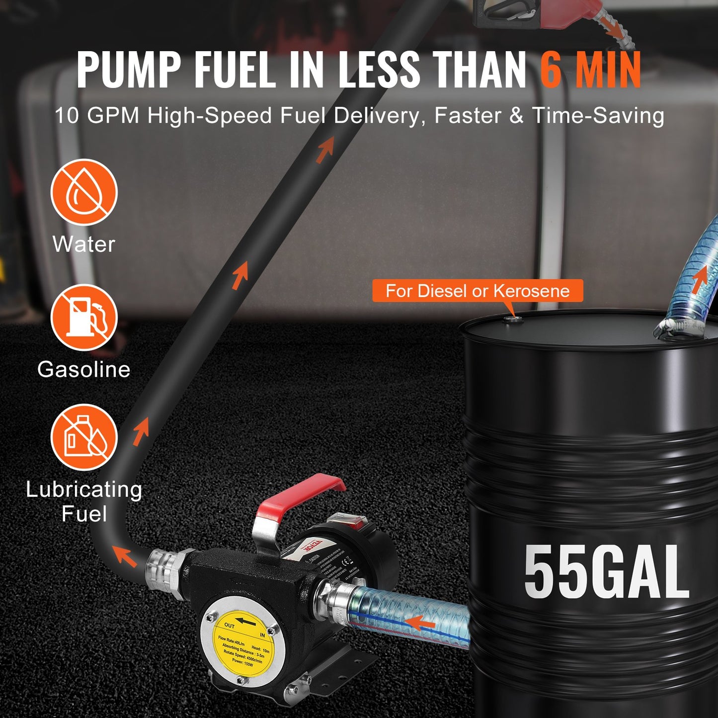 Fuel Transfer Pump, 12V DC 10 GPM 1/4 HP, Portable Electric Diesel Transfer Pump with Automatic Shut-Off Fuel Nozzle, High Flow, Long Inlet & Outlet Hose for Diesel, Kerosene, Transformer Fuel - Image 3
