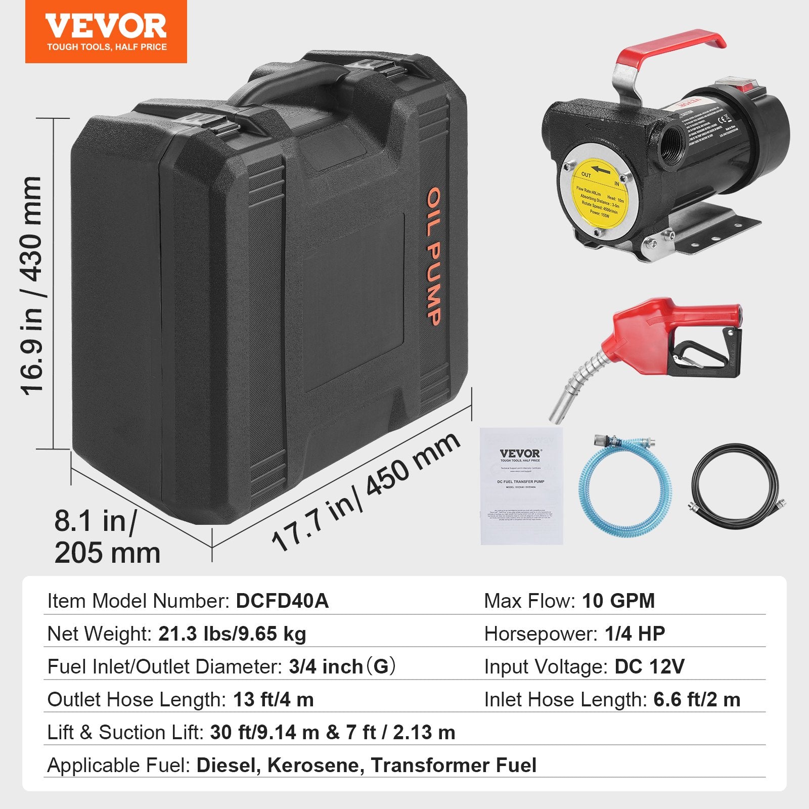 Fuel Transfer Pump, 12V DC 10 GPM 1/4 HP, Portable Electric Diesel Transfer Pump with Automatic Shut-Off Fuel Nozzle, High Flow, Long Inlet & Outlet Hose for Diesel, Kerosene, Transformer Fuel - Image 7