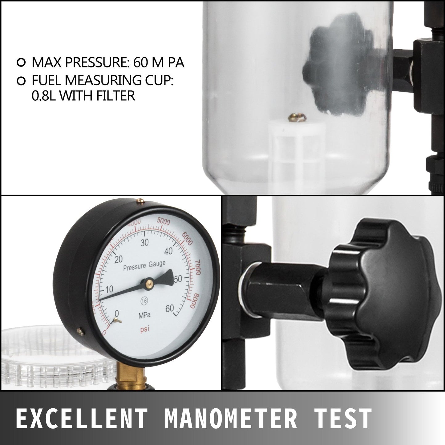 Diesel Injector Nozzle 
Pressure Tester Dual scale Manometer Test Tool 0-600Bar (0-8000PSI) 
60Mpa Test Pressure High Configuration - Image 3