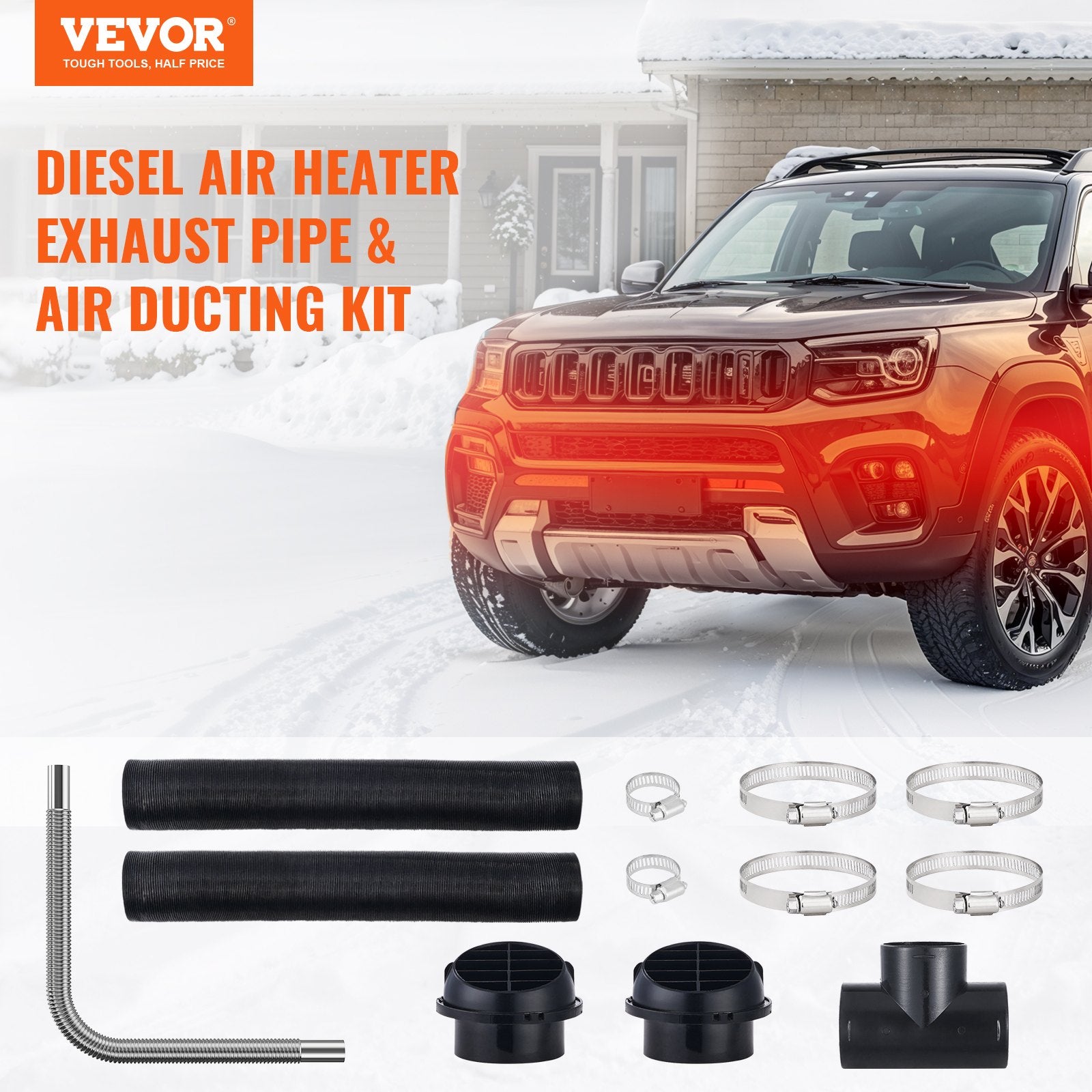 Diesel Heater Pipe Ducting Set, 3" Extendable Air Duct Hose, 1" Stainless Steel Exhaust Pipe, 2 Air Vents, Tee Air Outlet Connector and Hose Clamps, for 2KW/5KW/8KW Diesel Parking Heaters - Image 2