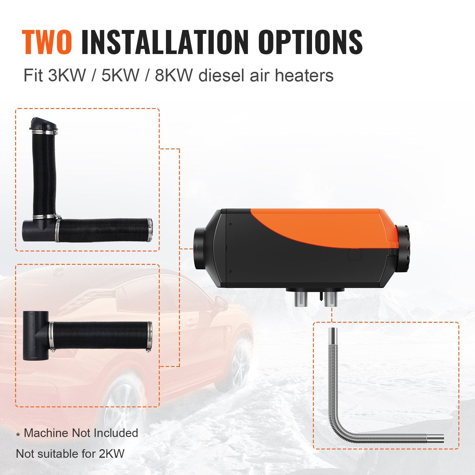 Diesel Heater Pipe Ducting Set, 3" Extendable Air Duct Hose, 1" Stainless Steel Exhaust Pipe, 2 Air Vents, Tee Air Outlet Connector and Hose Clamps, for 2KW/5KW/8KW Diesel Parking Heaters - Image 3