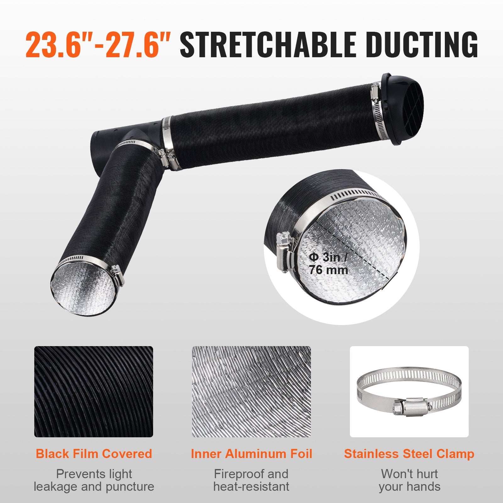 Diesel Heater Pipe Ducting Set, 3" Extendable Air Duct Hose, 1" Stainless Steel Exhaust Pipe, 2 Air Vents, Tee Air Outlet Connector and Hose Clamps, for 2KW/5KW/8KW Diesel Parking Heaters - Image 4