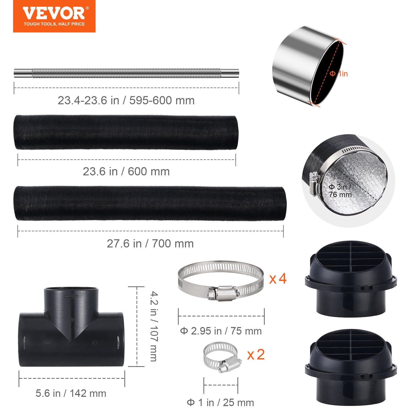 Diesel Heater Pipe Ducting Set, 3" Extendable Air Duct Hose, 1" Stainless Steel Exhaust Pipe, 2 Air Vents, Tee Air Outlet Connector and Hose Clamps, for 2KW/5KW/8KW Diesel Parking Heaters - Image 7