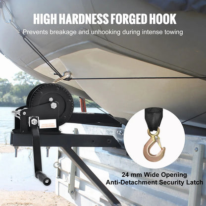 Hand Winch, 725.7 kg Pulling Capacity, Boat Trailer Winch Heavy Duty Rope Crank with 10 m Polyester Strap and Two-Way Ratchet, Manual Operated Hand Crank Winch for Trailer, Boat or ATV Towing - Image 4