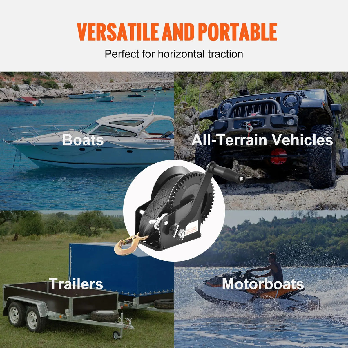 Hand Winch, 725.7 kg Pulling Capacity, Boat Trailer Winch Heavy Duty Rope Crank with 10 m Polyester Strap and Two-Way Ratchet, Manual Operated Hand Crank Winch for Trailer, Boat or ATV Towing - Image 6