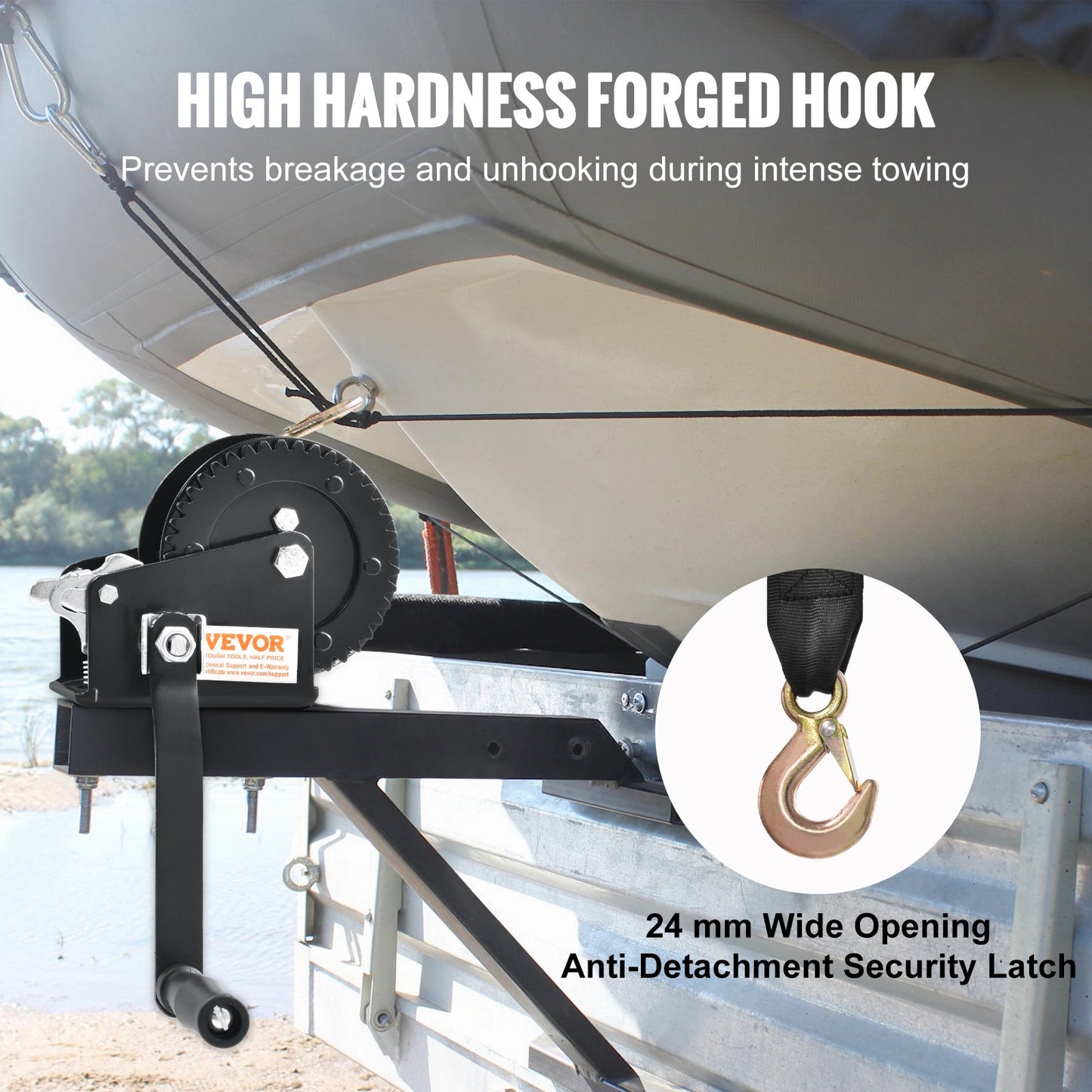 Hand Winch, 907.1 kg Pulling Capacity, Boat Trailer Winch Heavy Duty Rope Crank with 7 m Polyester Strap and Two-Way Ratchet, Manual Operated Hand Crank Winch for Trailer, Boat or ATV Towing - Image 4