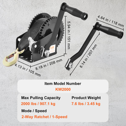 Hand Winch, 907.1 kg Pulling Capacity, Boat Trailer Winch Heavy Duty Rope Crank with 7 m Polyester Strap and Two-Way Ratchet, Manual Operated Hand Crank Winch for Trailer, Boat or ATV Towing - Image 7