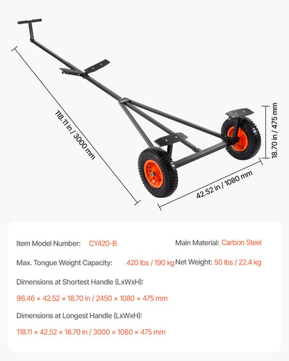 420lbs Boat Trailer Dolly Mover Adjustable Length with 15.7 in Pneumatic Tires - Image 7