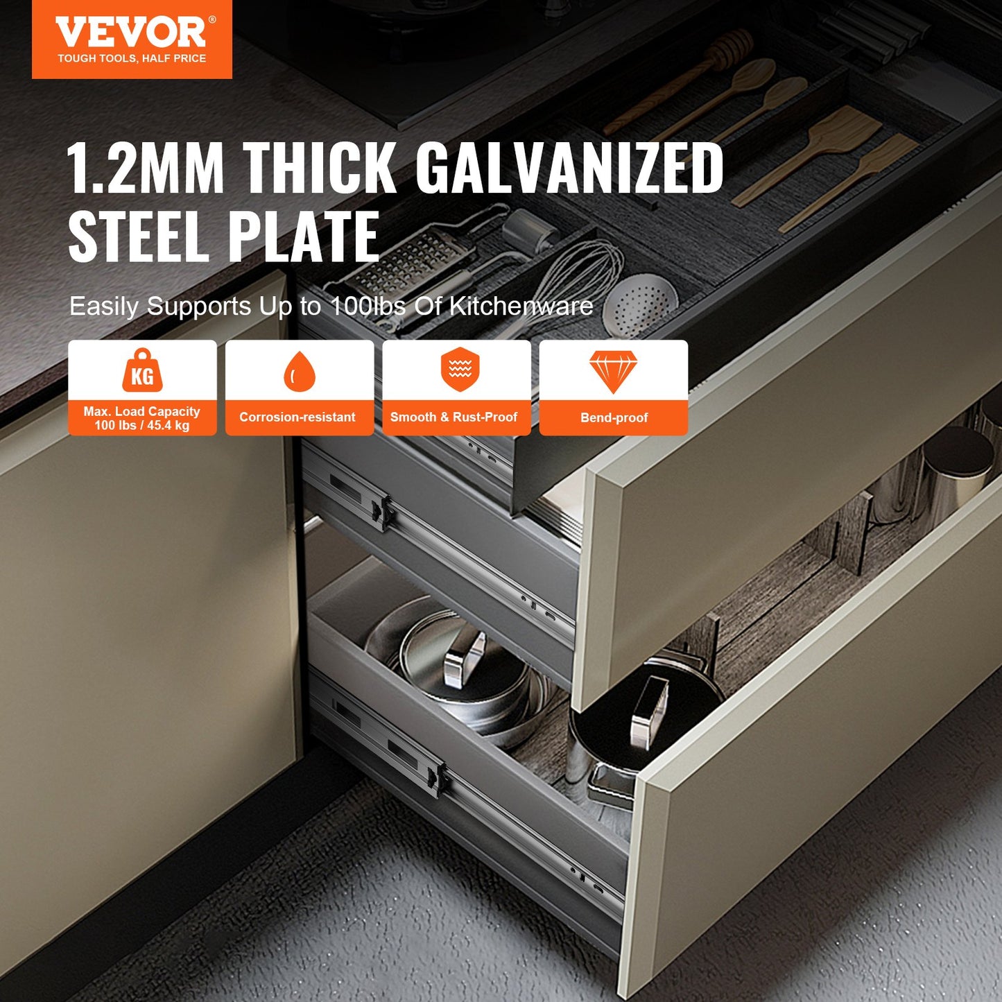 10 Pairs of 609.6mm Drawer Slides Side Mount Rails, Heavy Duty Full Extension Steel Track, Soft-Close Noiseless Guide Glides Cabinet Kitchen Runners with Ball Bearing, 100 Lbs Load Capacity - Image 2