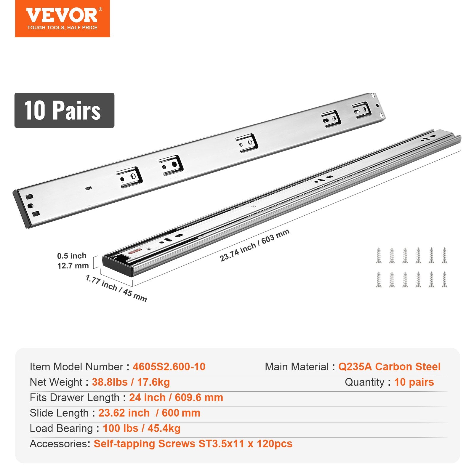 10 Pairs of 609.6mm Drawer Slides Side Mount Rails, Heavy Duty Full Extension Steel Track, Soft-Close Noiseless Guide Glides Cabinet Kitchen Runners with Ball Bearing, 100 Lbs Load Capacity - Image 7