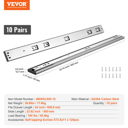 10 Pairs of 609.6mm Drawer Slides Side Mount Rails, Heavy Duty Full Extension Steel Track, Soft-Close Noiseless Guide Glides Cabinet Kitchen Runners with Ball Bearing, 100 Lbs Load Capacity - Image 7
