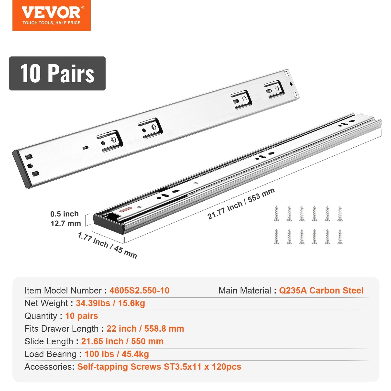 10 Pairs of 558.8mm Drawer Slides Side Mount Rails, Heavy Duty Full Extension Steel Track, Soft-Close Noiseless Guide Glides Cabinet Kitchen Runners with Ball Bearing, 100 Lbs Load Capacity - Image 7
