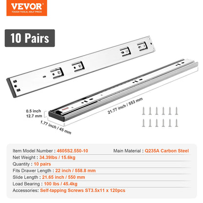 10 Pairs of 558.8mm Drawer Slides Side Mount Rails, Heavy Duty Full Extension Steel Track, Soft-Close Noiseless Guide Glides Cabinet Kitchen Runners with Ball Bearing, 100 Lbs Load Capacity - Image 7