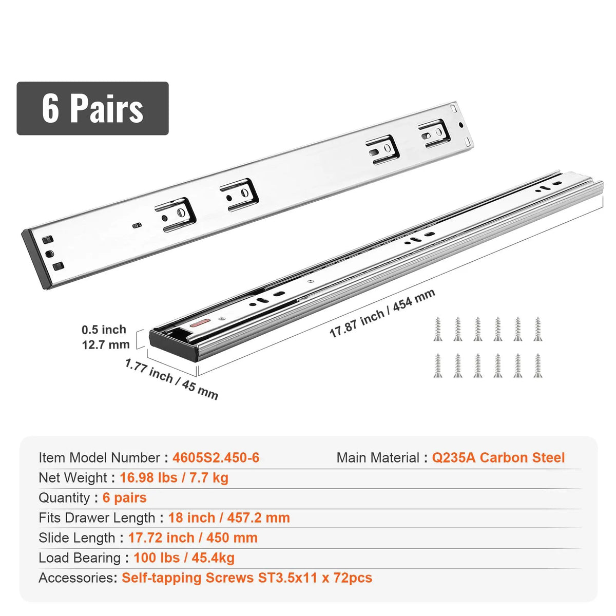 6 Pairs of 457.2mm Drawer Slides Side Mount Rails, Heavy Duty Full Extension Steel Track, Soft-Close Noiseless Guide Glides Cabinet Kitchen Runners with Ball Bearing, 100 Lbs Load Capacity - Image 7