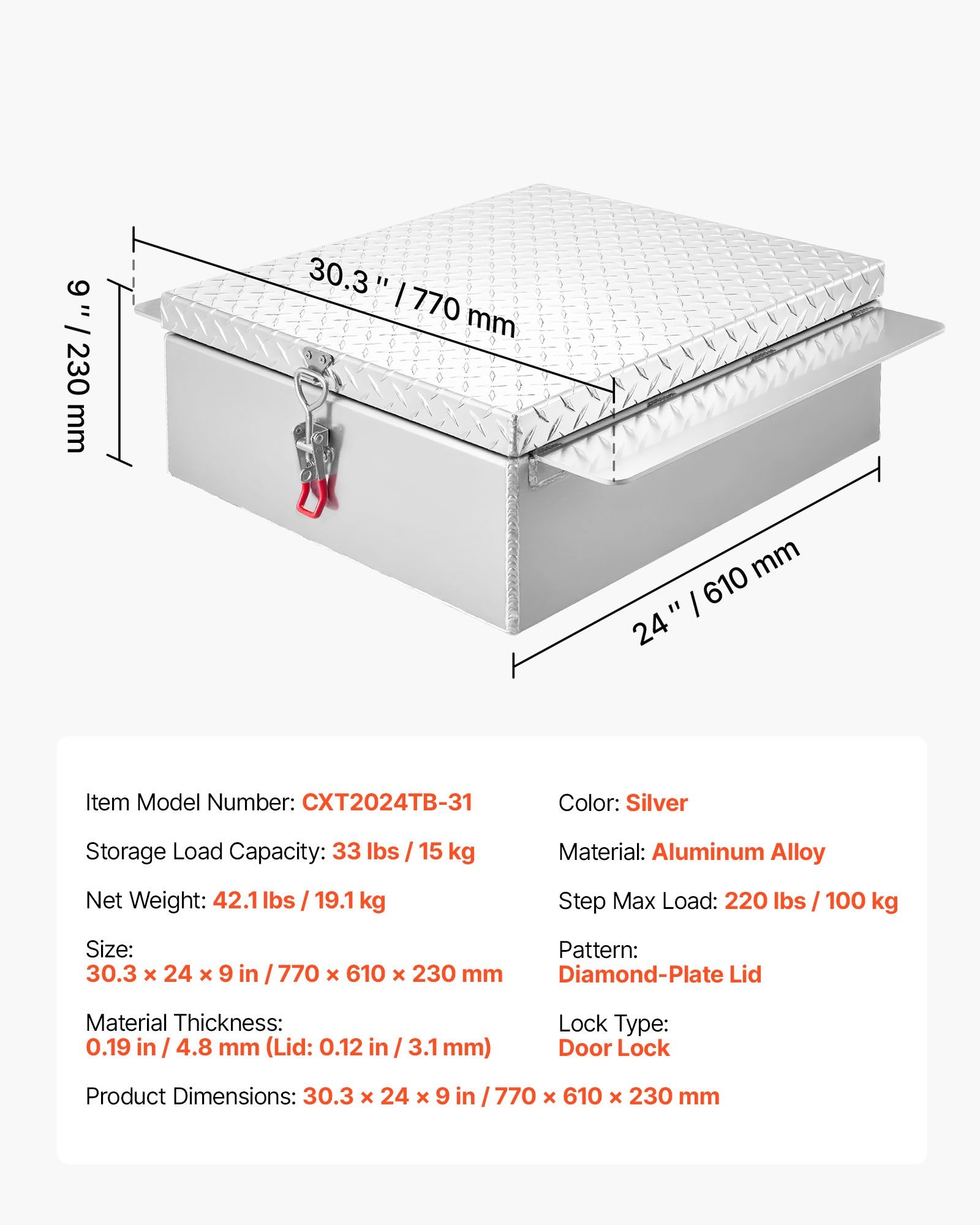 Truck Bed Tool Box, Heavy Duty Aluminum Tool Box with Diamond Plate, Storage Toolbox Chest Organizer Supports up to 100 kg, Ideal for Pickup, Truck Bed, RV, Trailer, 770 x 610 x 230 mm, Silver - Image 7