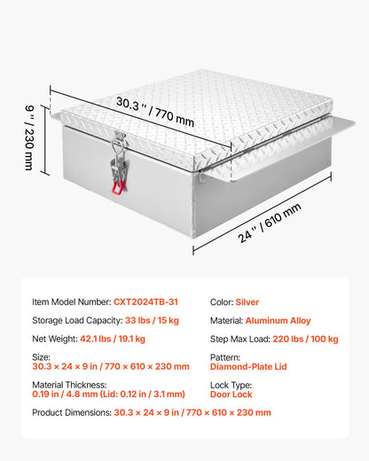 Truck Bed Tool Box, Heavy Duty Aluminum Tool Box with Diamond Plate, Storage Toolbox Chest Organizer Supports up to 100 kg, Ideal for Pickup, Truck Bed, RV, Trailer, 770 x 610 x 230 mm, Silver - Image 7