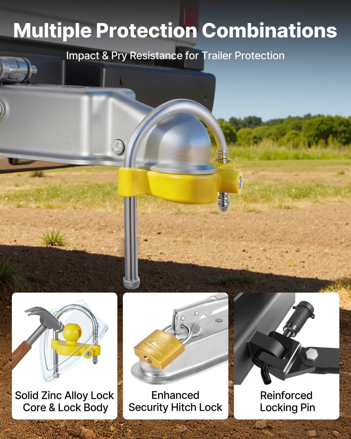 Trailer Hitch Lock Kit, Fits for 46 mm, 50.8 mm, 58.7 mm Couplers, Heavy-Duty Anti-Theft Trailer Ball Lock with Keys, Prying-Resistant, Adjustable Height Design for RVs, Boats, Trailers - Image 3