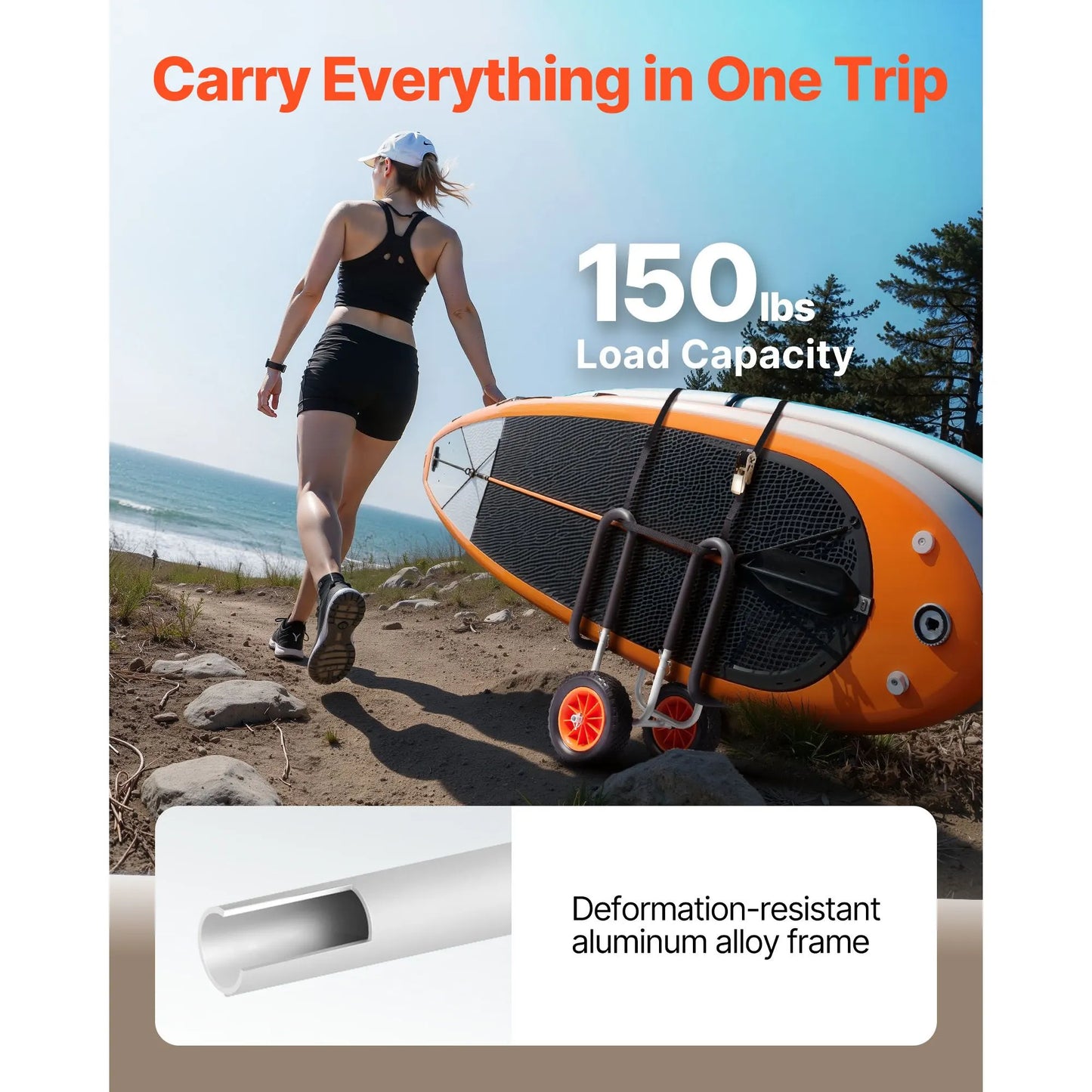 Kayak Cart, 68.0 kg Load Capacity, Stand Up Paddle Board Trolley with 25.4 cm Solid Rubber Tires & Kickstands, Paddle Board Carrier with Ratchet Strap for Paddleboard & Surfboard Transport - Image 2