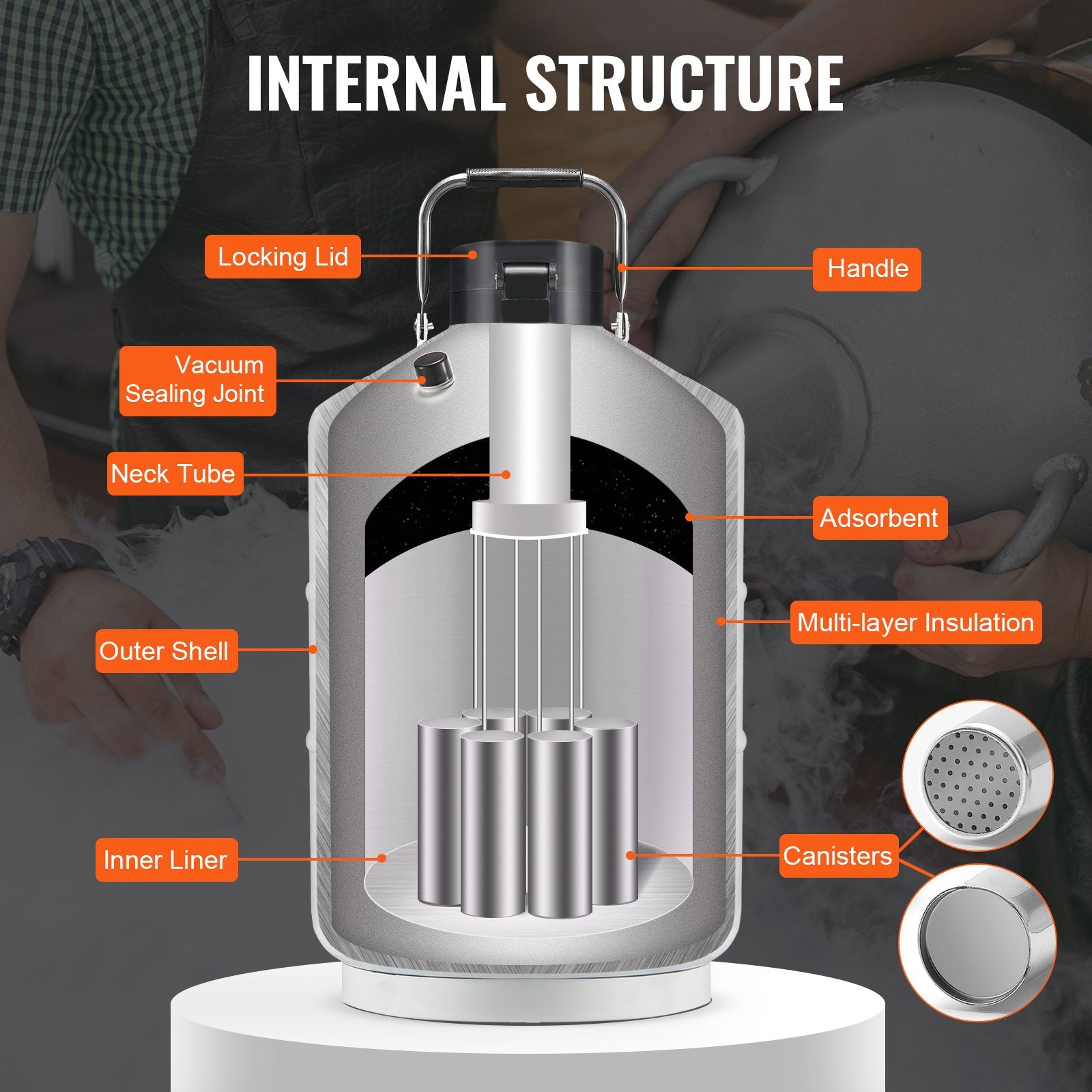 Liquid Nitrogen Tank, 3 L Aluminum Alloy Liquid Nitrogen Container, LN2 Tank Dewar with 6 Canisters and Carry Bag with Straps, Cryogenic Tank for Beauty Industry, Semen Preservation, Scientific - Image 4