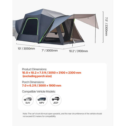 SUV Tent for Camping, 10FT L x 10FT W, Waterproof PU2000mm Spacious Double Layer Design for 5-8 Person, SUV Camping Tent with Shade Awning and Mesh Windows, Includes Rainfly and Storage Bag - Image 7