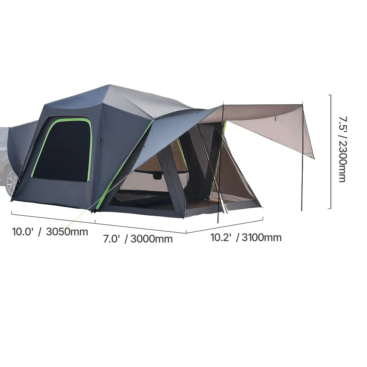SUV Tent for Camping, 10FT L x 10FT W, Waterproof PU2000mm Spacious Double Layer Design for 5-8 Person, SUV Camping Tent with Shade Awning and Mesh Windows, Includes Rainfly and Storage Bag - Image 8