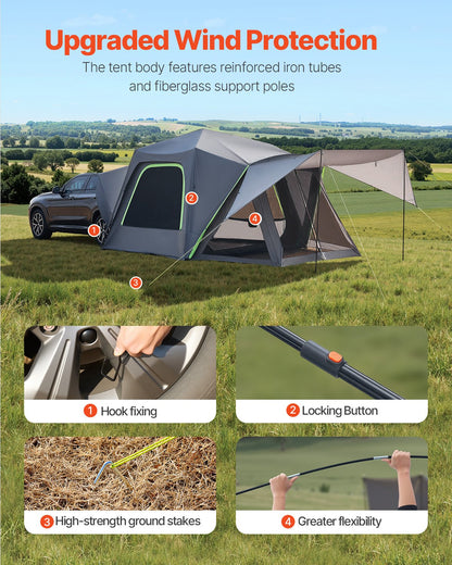 SUV Tent for Camping, 10FT L x 10FT W, Waterproof PU2000mm Spacious Double Layer Design for 5-8 Person, SUV Camping Tent with Shade Awning and Mesh Windows, Includes Rainfly and Storage Bag - Image 4