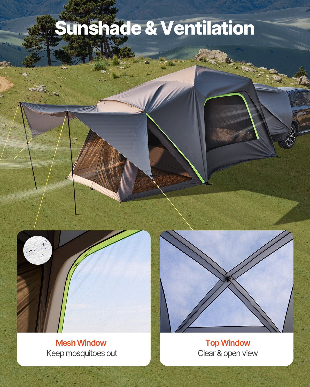 SUV Tent for Camping, 10FT L x 10FT W, Waterproof PU2000mm Spacious Double Layer Design for 5-8 Person, SUV Camping Tent with Shade Awning and Mesh Windows, Includes Rainfly and Storage Bag - Image 6