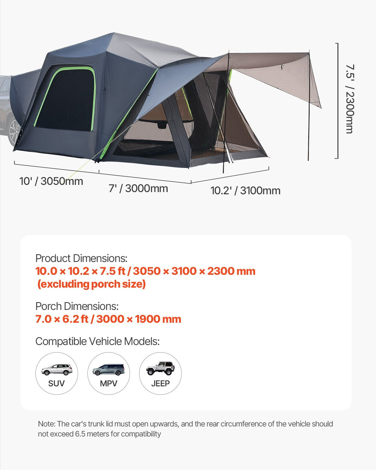 SUV Tent for Camping, 10FT L x 10FT W, Waterproof PU2000mm Spacious Double Layer Design for 5-8 Person, SUV Camping Tent with Shade Awning and Mesh Windows, Includes Rainfly and Storage Bag - Image 7