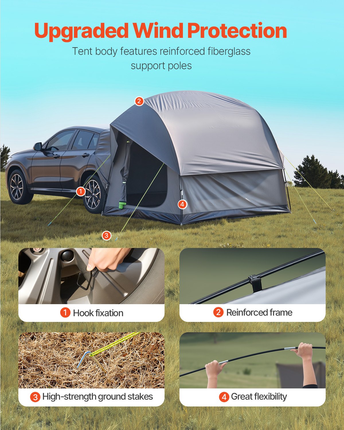 SUV Tent for Camping, 8FT L x 8FT W, Waterproof PU2000mm Spacious Double Layer Design for 5-8 Person, SUV Camping Tent with Mesh Windows, Includes Rainfly & Storage Bag, for Outdoor Activities - Image 4