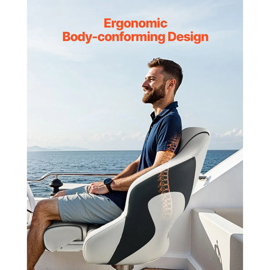 Boat Seat, High Backrest, Flip Up Boat Seat Captain Bucket Seat with Thickened Sponge Cushion & Waterproof PVC Leather, Ergonomic Design, Folding Boat Seat for Boats, Yachts, Ships, White & Grey - Image 3