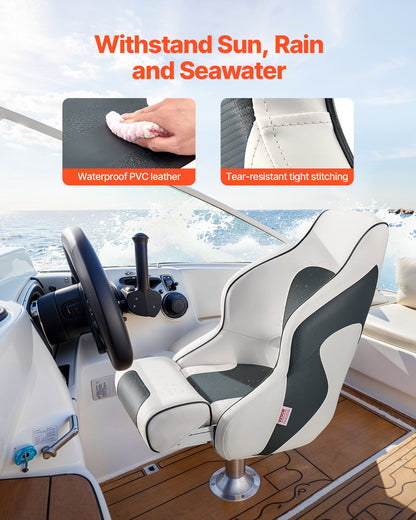 Boat Seat, High Backrest, Flip Up Boat Seat Captain Bucket Seat with Thickened Sponge Cushion & Waterproof PVC Leather, Ergonomic Design, Folding Boat Seat for Boats, Yachts, Ships, White & Grey - Image 2