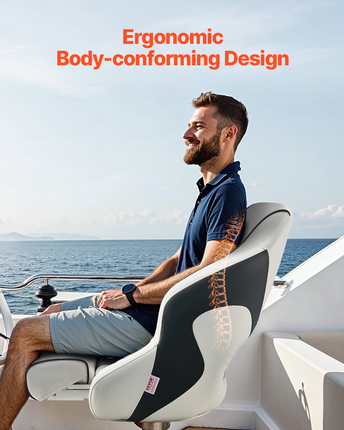 Boat Seat, High Backrest, Flip Up Boat Seat Captain Bucket Seat with Thickened Sponge Cushion & Waterproof PVC Leather, Ergonomic Design, Folding Boat Seat for Boats, Yachts, Ships, White & Grey - Image 3