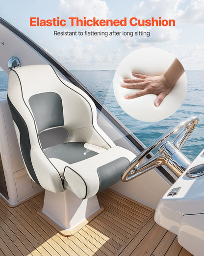 Boat Seat, High Backrest, Flip Up Boat Seat Captain Bucket Seat with Thickened Sponge Cushion & Waterproof PVC Leather, Ergonomic Design, Folding Boat Seat for Boats, Yachts, Ships, White & Grey - Image 5