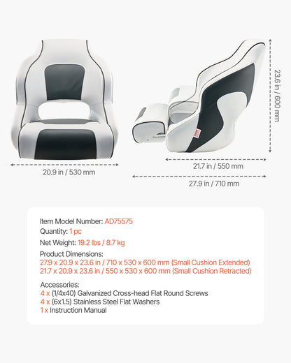 Boat Seat, High Backrest, Flip Up Boat Seat Captain Bucket Seat with Thickened Sponge Cushion & Waterproof PVC Leather, Ergonomic Design, Folding Boat Seat for Boats, Yachts, Ships, White & Grey - Image 7