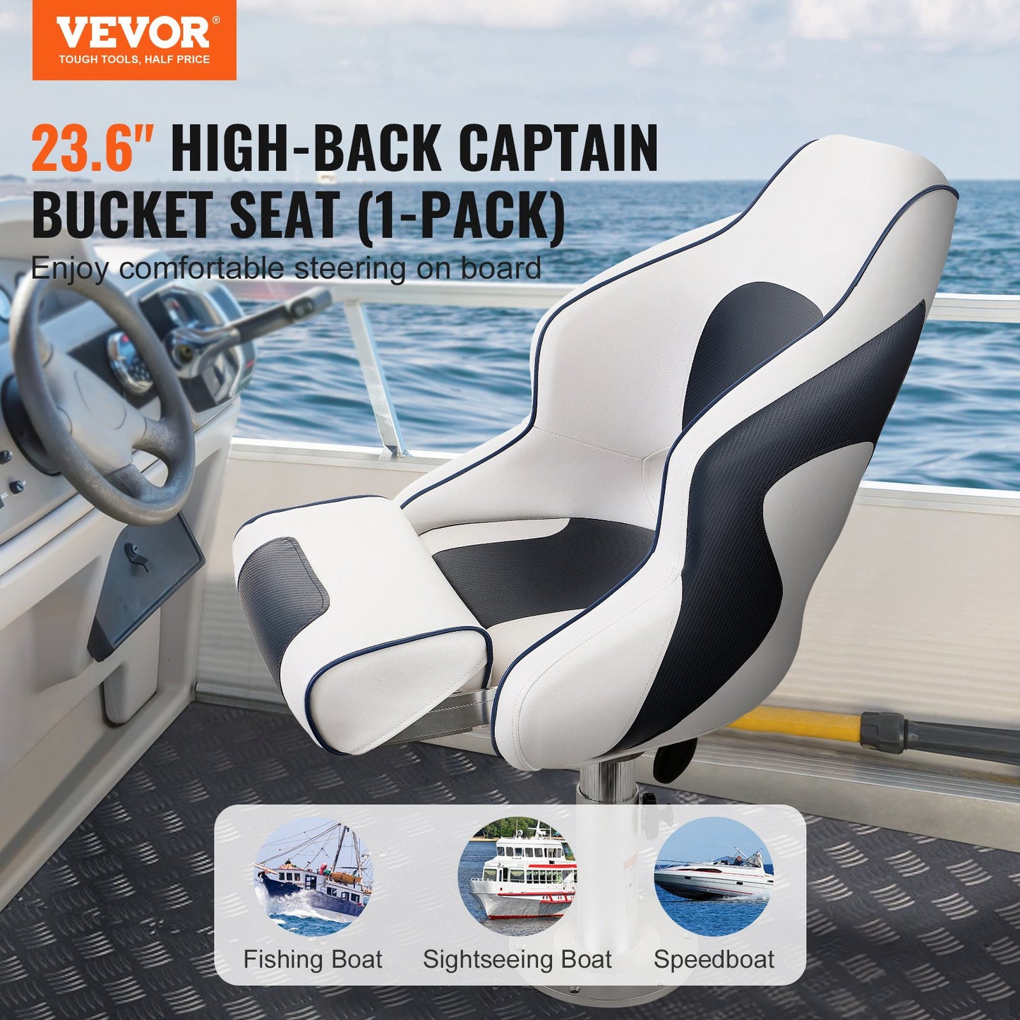 Captain Bucket Seat Boat Seat, Flip Up Boat Seat, with Thickened Sponge Padding, Flip-up Bolster Boat Captain Chair for Fishing Boat, Sightseeing Boat, Speedboat, Canoe, 1-Piece - Image 2