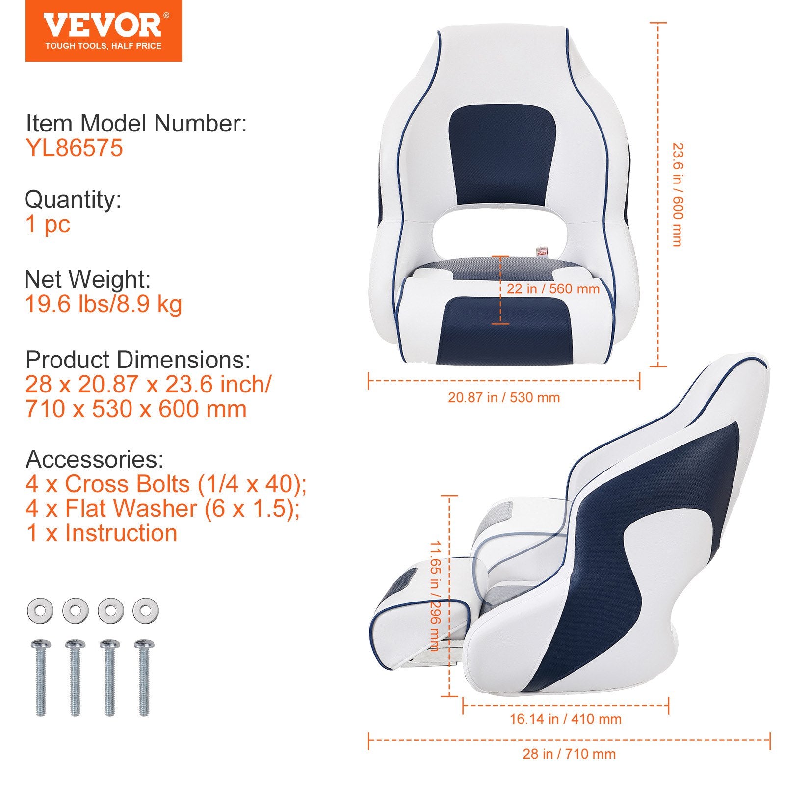 Captain Bucket Seat Boat Seat, Flip Up Boat Seat, with Thickened Sponge Padding, Flip-up Bolster Boat Captain Chair for Fishing Boat, Sightseeing Boat, Speedboat, Canoe, 1-Piece - Image 7